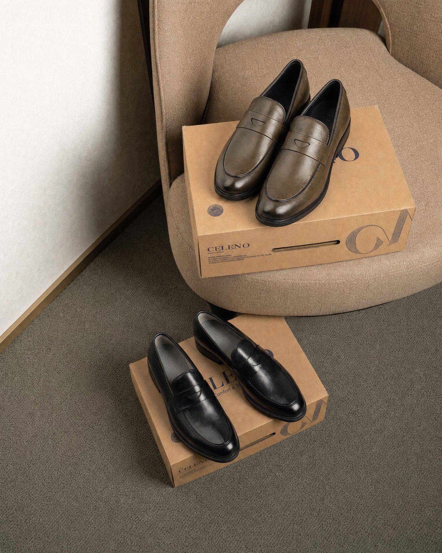 Mocassin Penny Loafer en Cuir, Kaki – CL2001