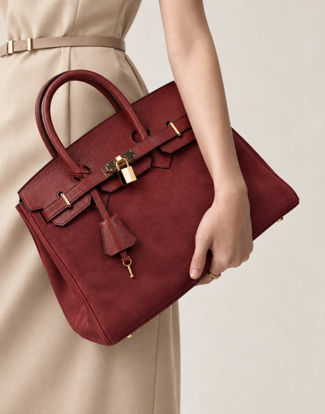 SAC À MAIN SIENA EN CUIR ET DAIM, BORDEAUX - 025