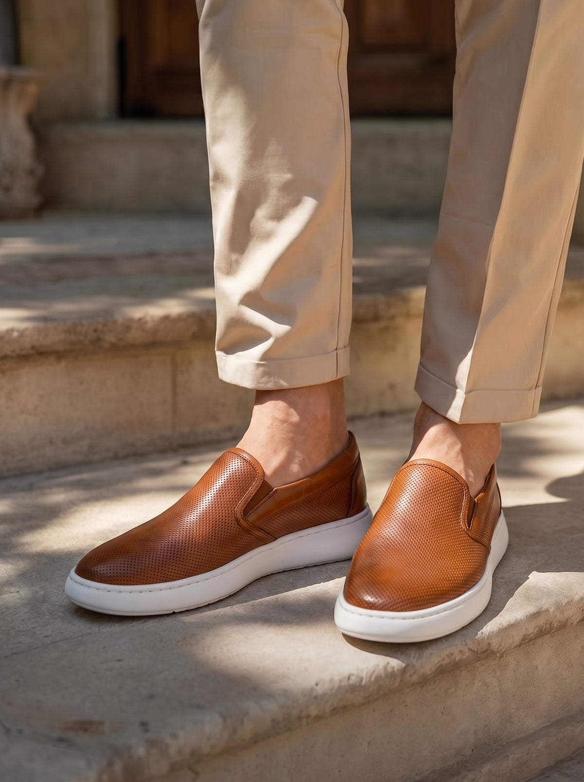 Basket Slip-On NASSIM en Cuir perforé, Tabac – CL5022