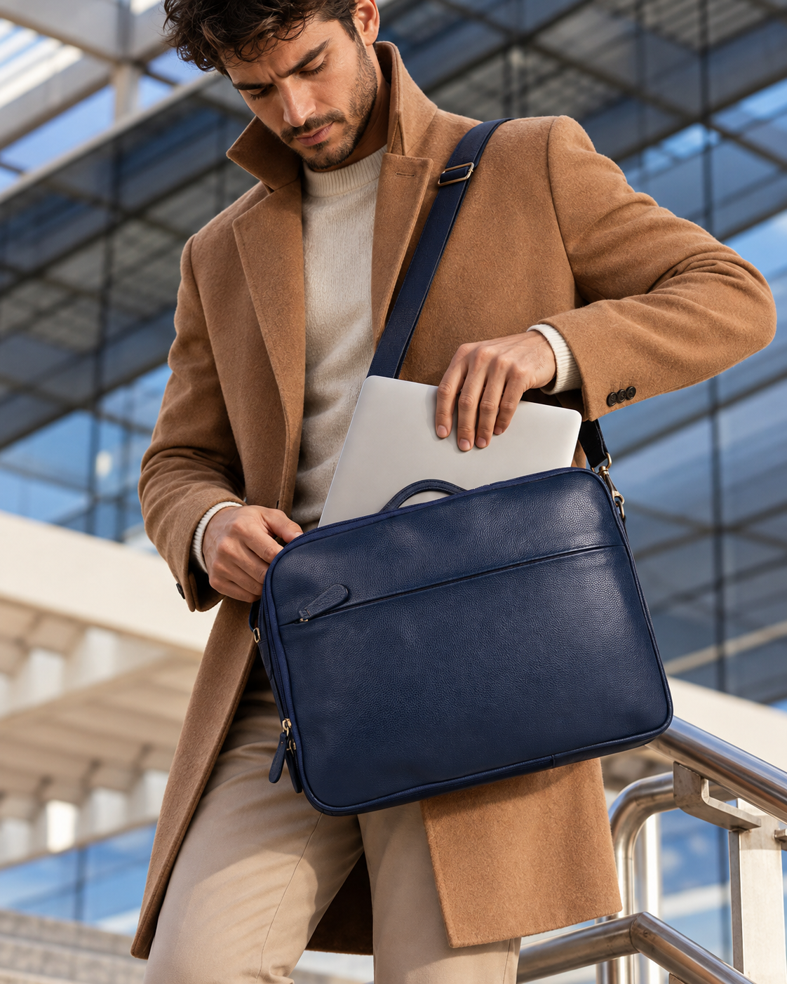 SAC ORDINATEUR MANHATTAN EN CUIR, BLEU MARINE - 040