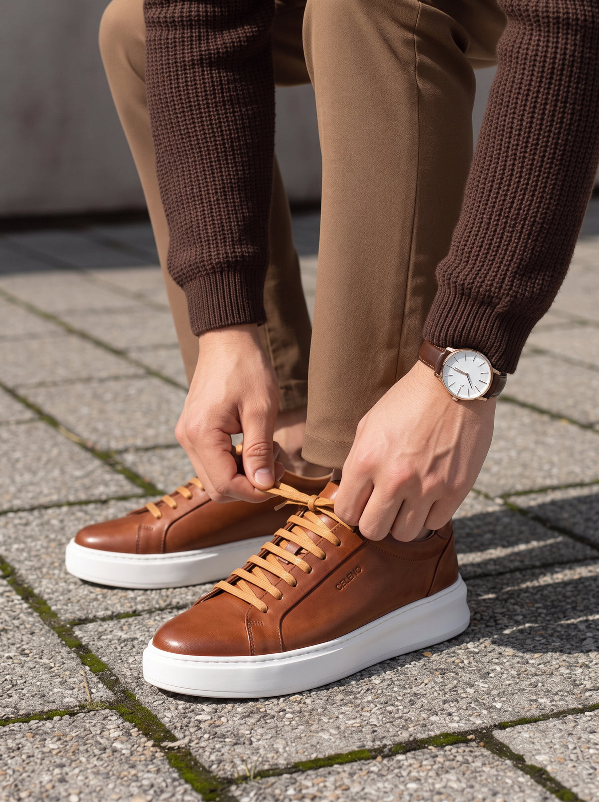 Basket Royale en Cuir Marron  Cognac avec Semelle Blanche – CL6065